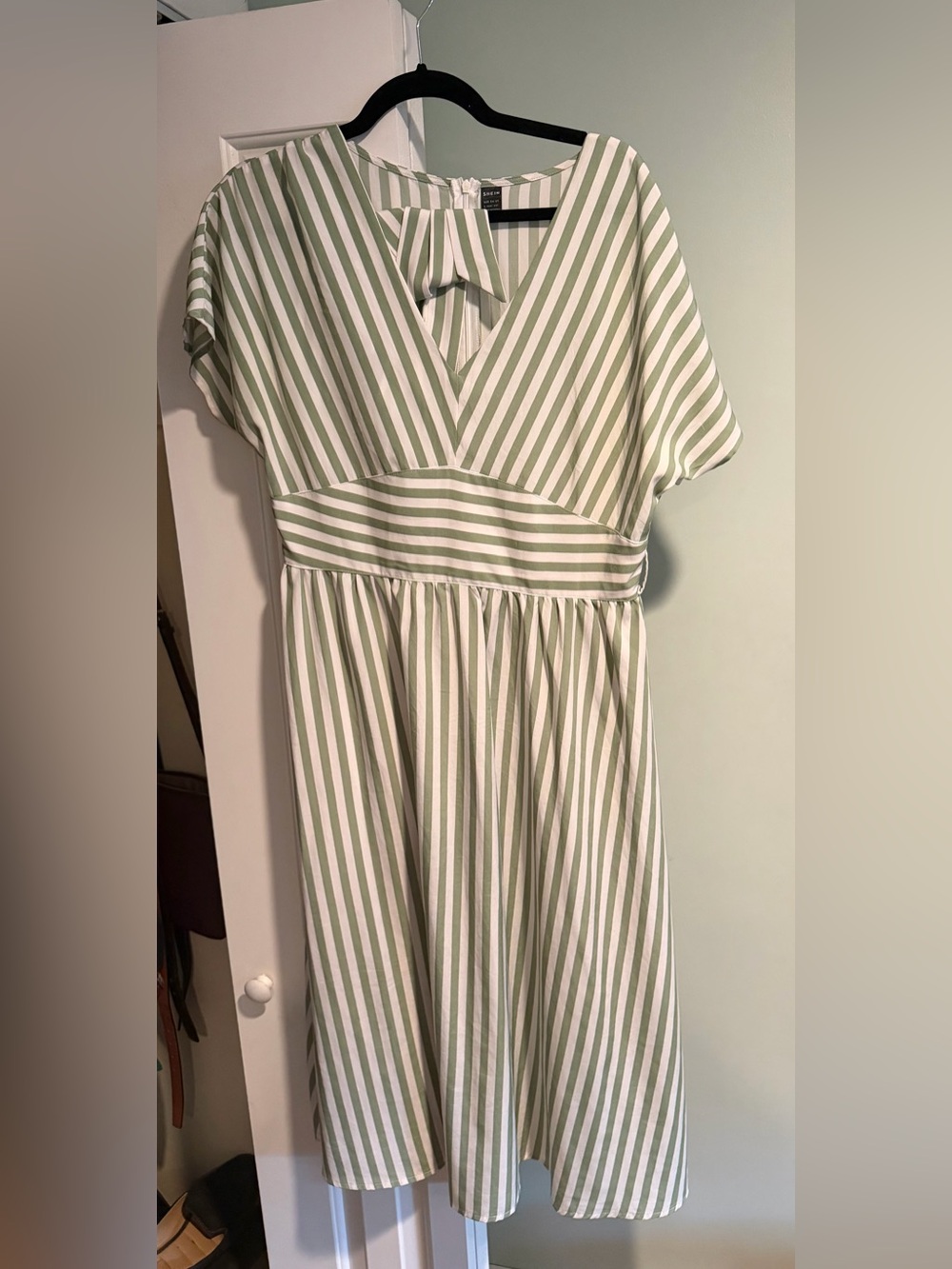 SHEIN Green and White Striped V-Neck Tie-Front Dress size L